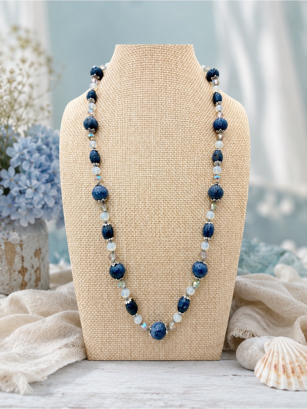 Artisan Blue Coral Moonstone AB Crystal Sterling Silver Hand Knotted Necklace 21
